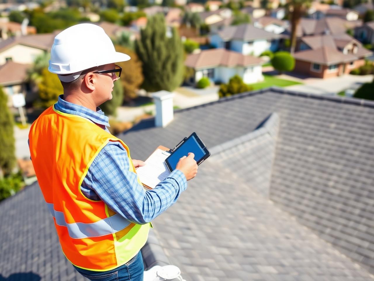 Professional roof inspector in hard hat and safety vest performing an inspection