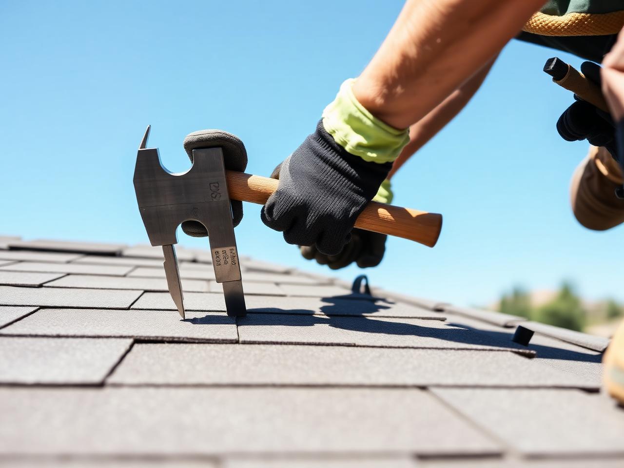 Roofer replacing damaged asphalt shingles on a sunny residential roof