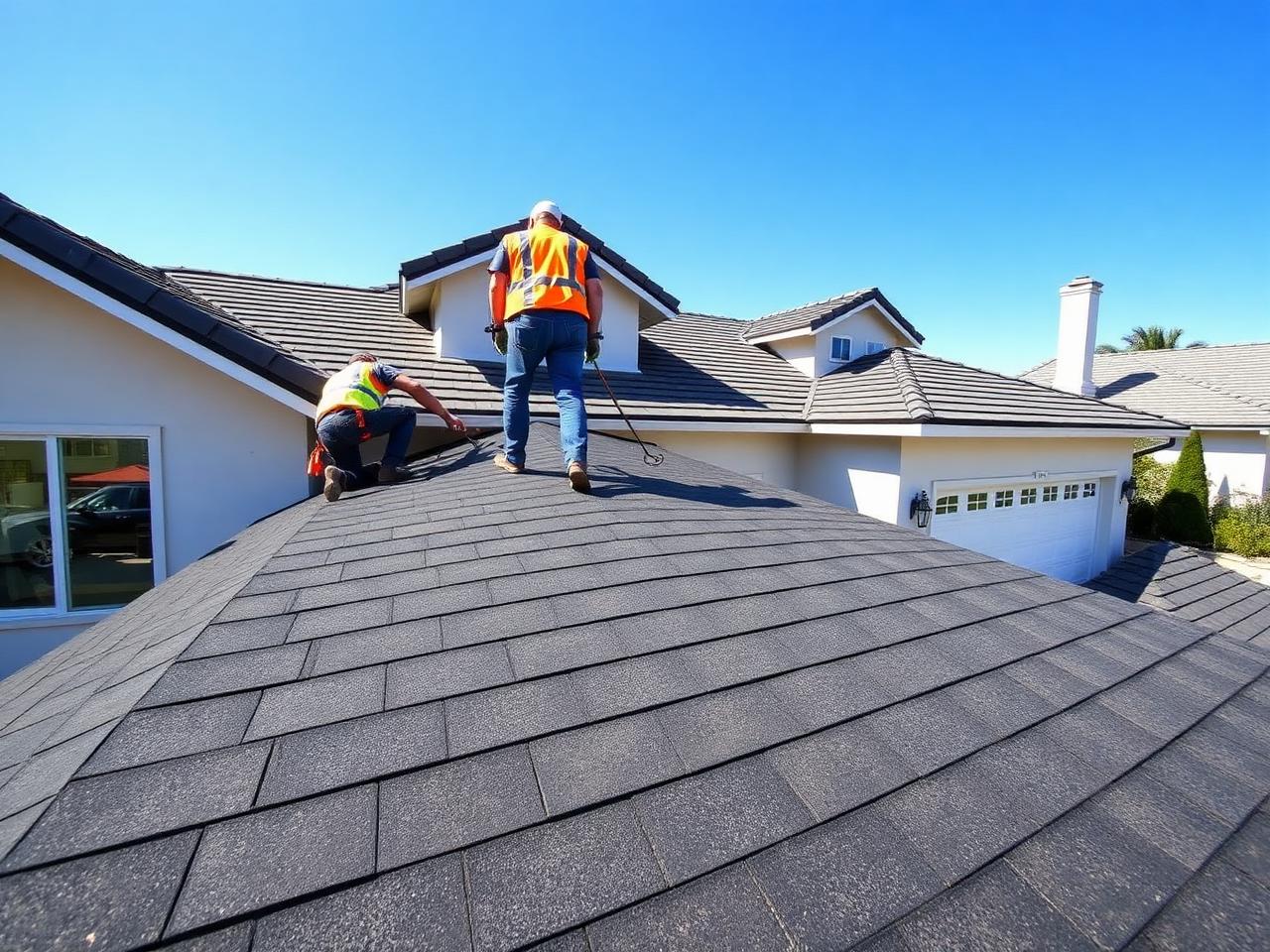 Professional roofing crew installing new shingles on a Central Valley home