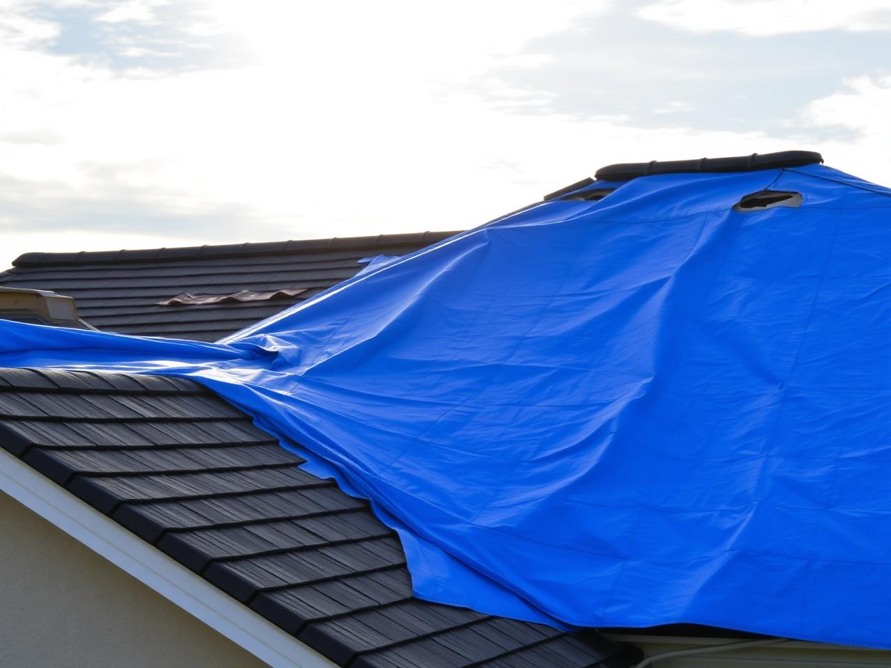Residential roof covered with a blue emergency tarp after storm damage